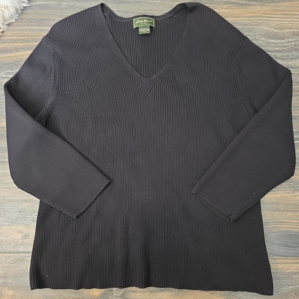 Eddie Bauer Black 100% Cotton Ribbed V-Neck Sweater Womens XXL Long Sleeve